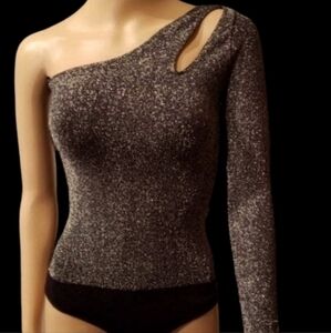 [Bebe]  One Shoulder Bodysuit Women's Metallic Sliver Cutout Shoulder Snaps…